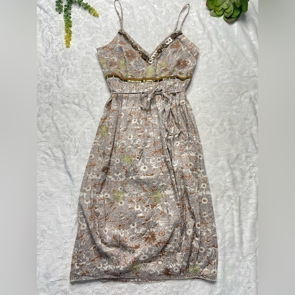 Whistles Floral Metallic Embroidered Midi Sundress In Brown Taupe & Cream Size 4